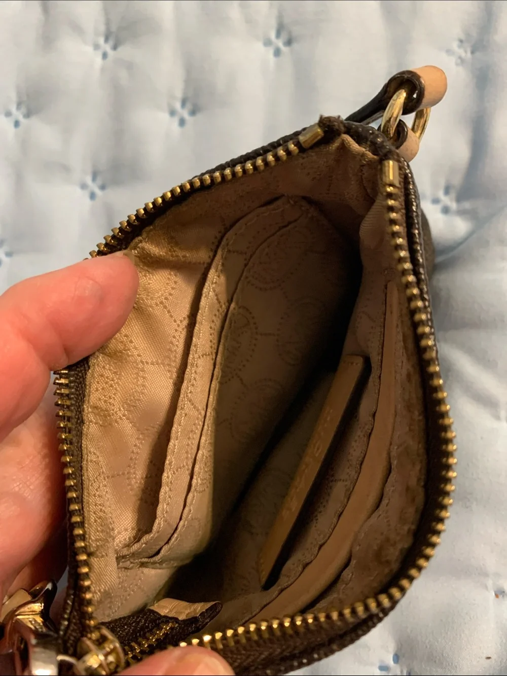Michael Kors Brown Logo-Print Wristlet with Gold Plaque